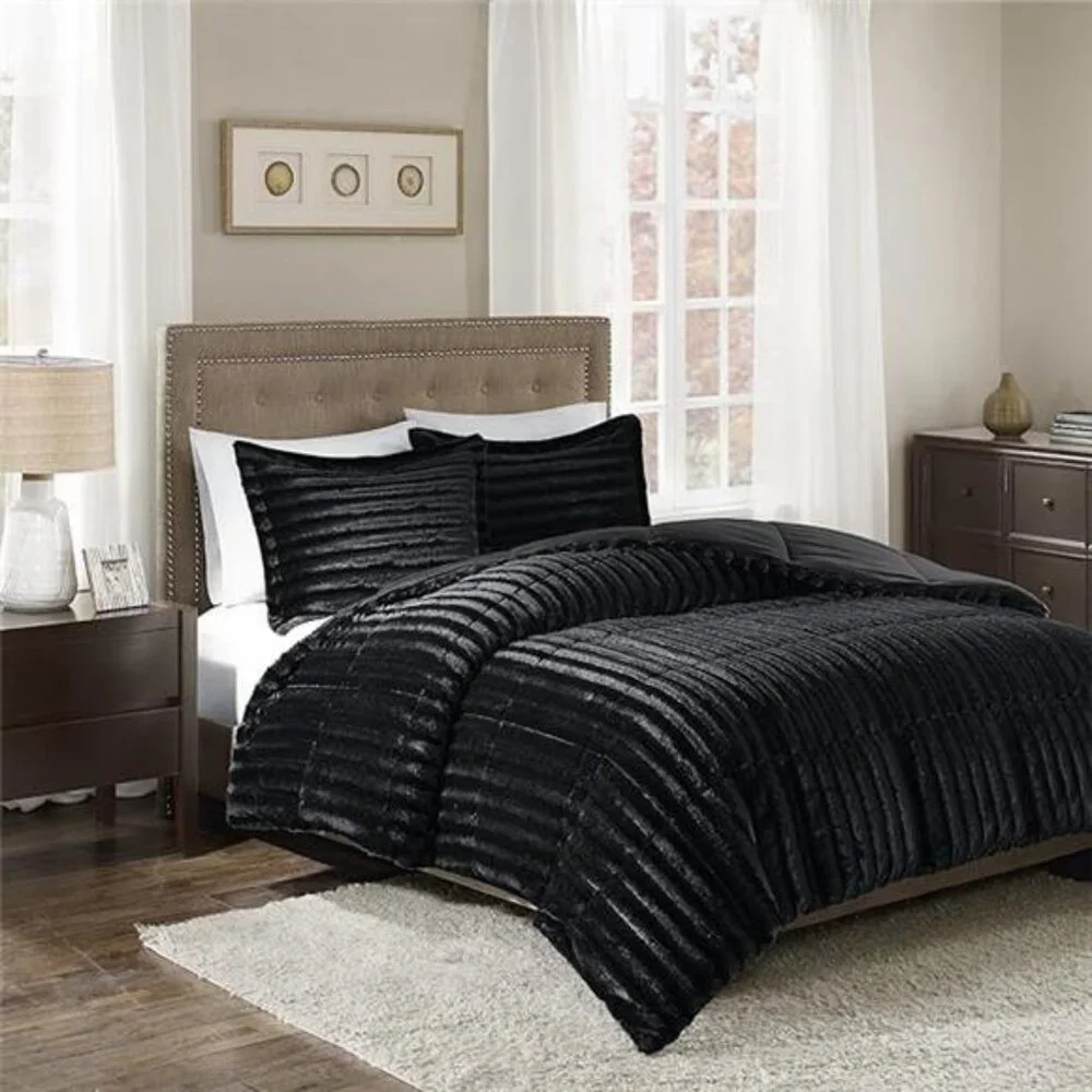 Faux Fur Reversible Comforter Set, Down Alternative Filling, Modern Quilted